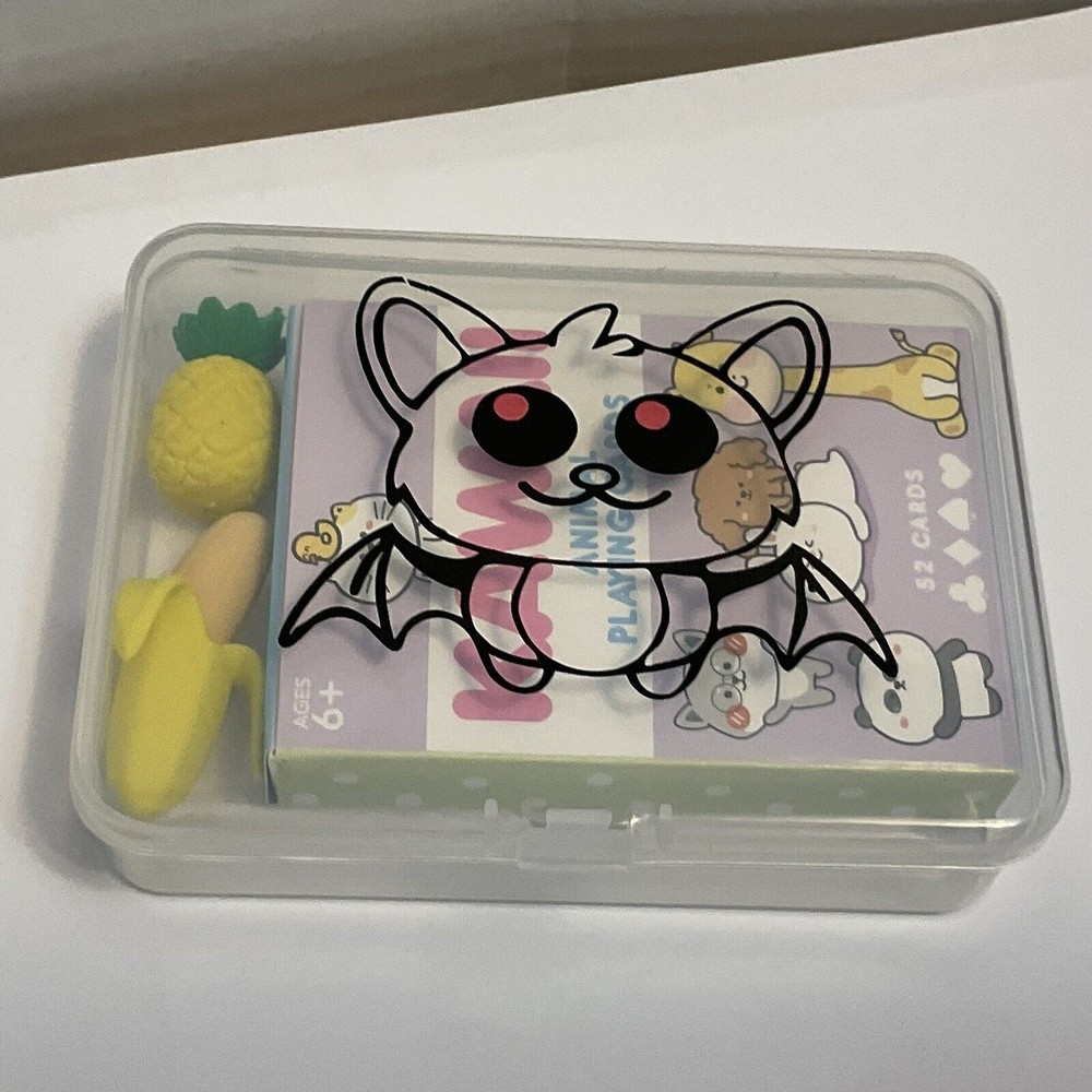 Kawaii Animals Playing Cards with Erasers and Unique Plastic Case